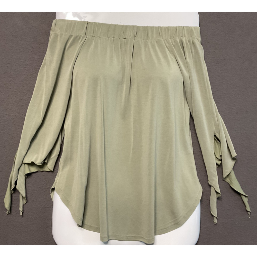 Alya Vintage Off Shoulder Tie Sleeve Top XS Olive Green Blouse Made in USA